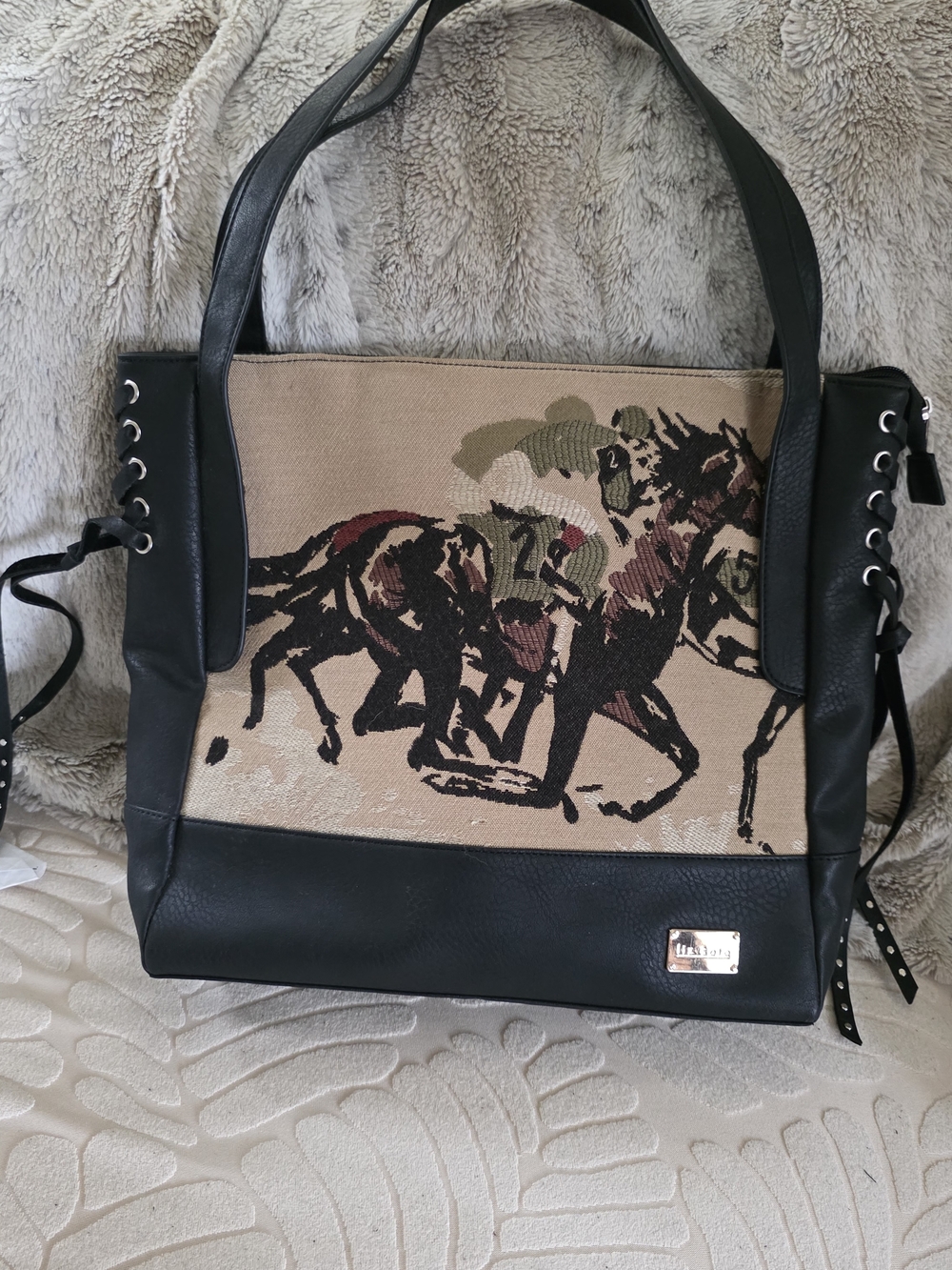 Equestrian Tapestry Tote Bag - Black & Tan